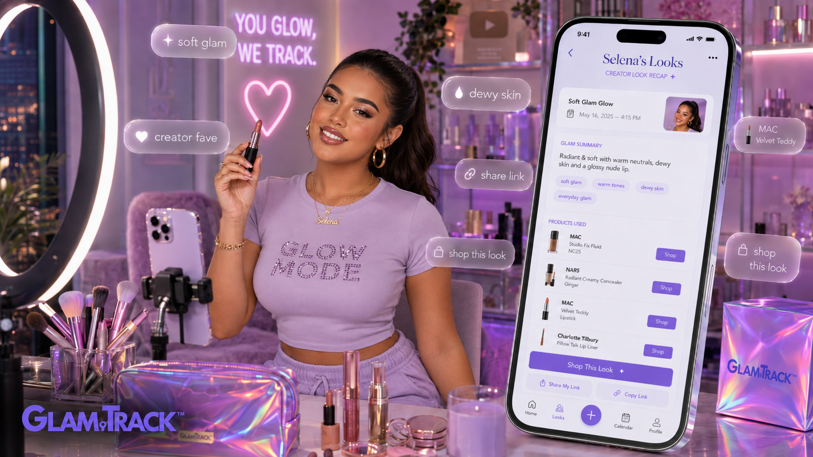 GlamTrack for Beauty Creators — catalog looks, share links, shop this look